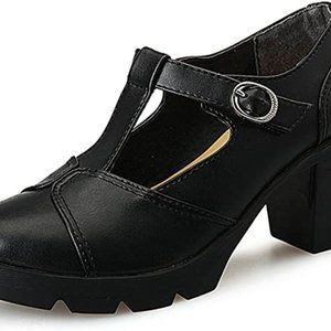 DADAWEN Women's Classic T-Strap Platform Mid-Heel Square Toe Oxfords Dress Shoes